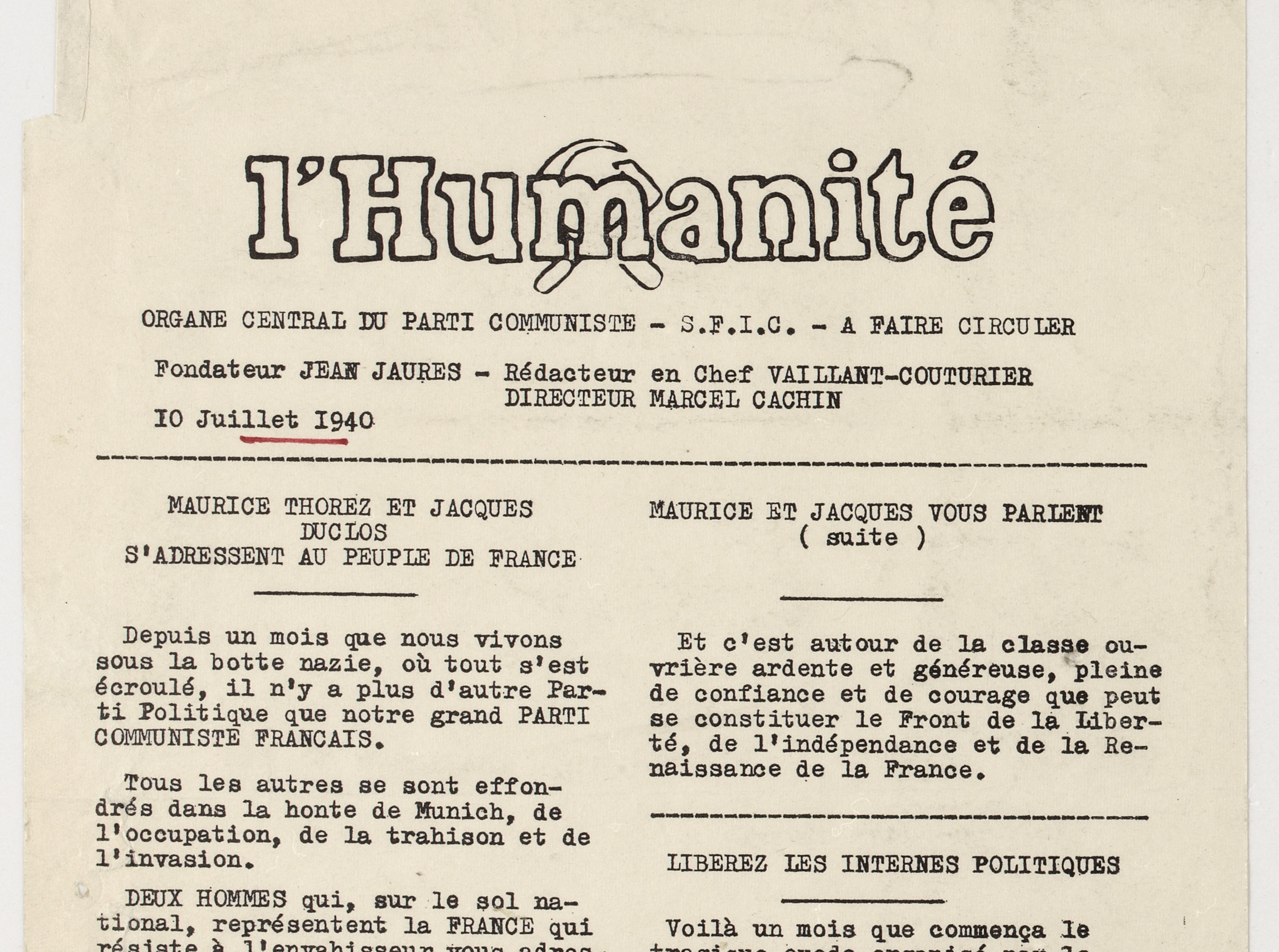L'Humanité, 10/07/1940
