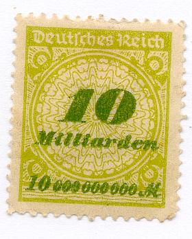 Timbre de dix milliards de marks 1923 (seront édités de même des timbres 20 milliards et 50 milliards)
