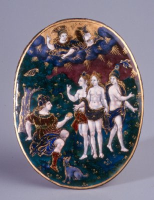 Suzanne Court, Plaque de miroir : Pâris tendant la pomme de la discorde à Aphrodite, 1540-1546